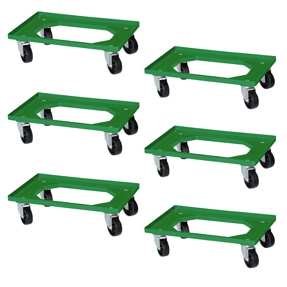 6 rodillos logísticos para recipientes de 600 x 400 mm, ruedas de plástico negras, color verde
