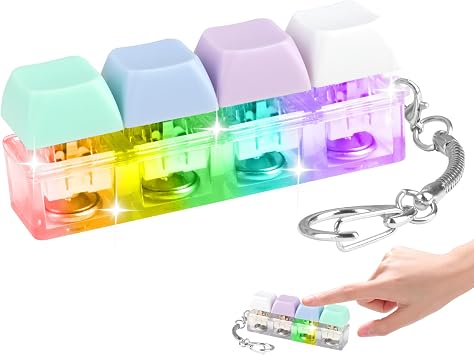 4 Button Keyboard Fidget Toy, Funny Fidget Keyring with LED Light, Mini Keyboard Fidget Toys Finger Keyboard Caps Toy Decompression Toys to Relief Stress Pass the Time