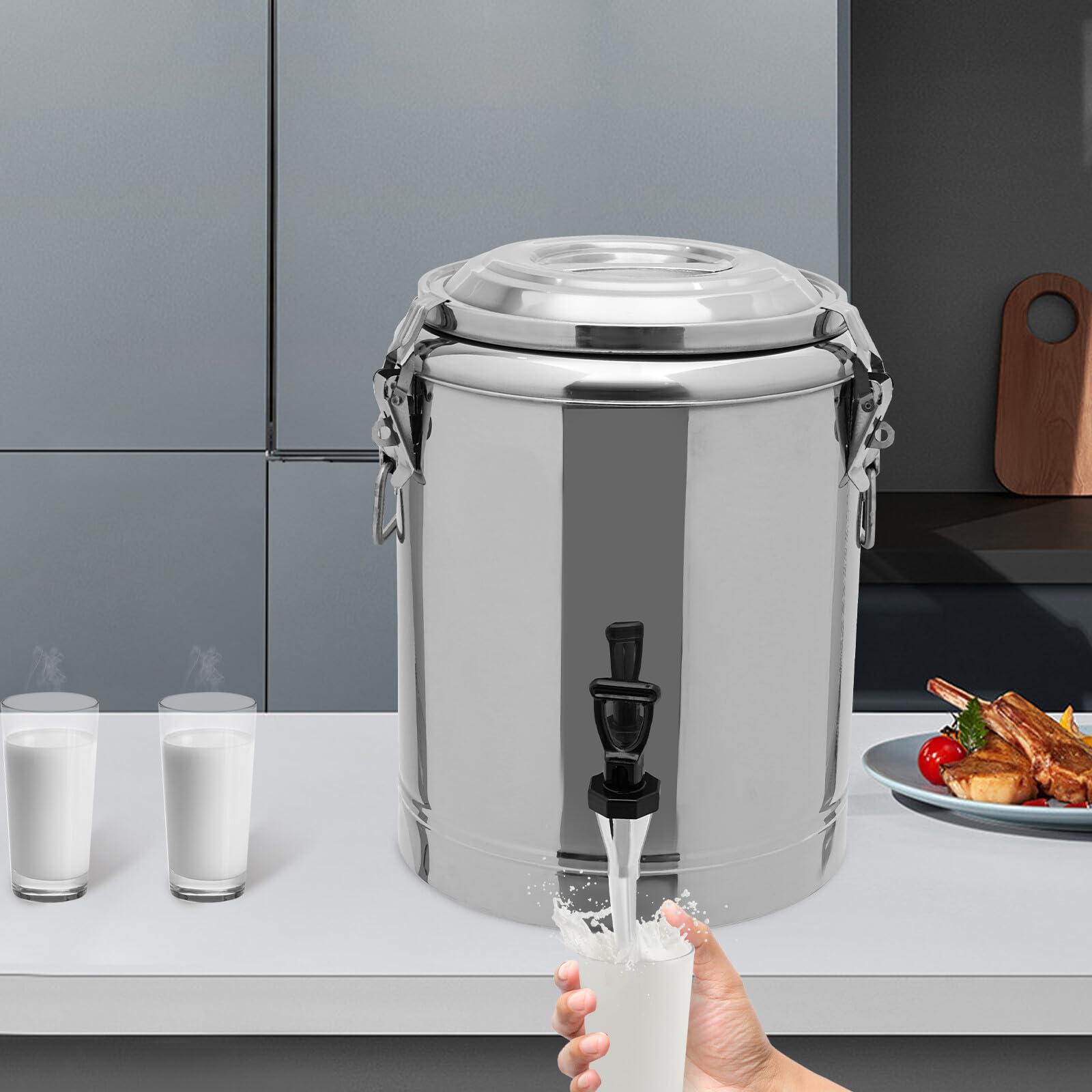 Cubo de acero inoxidable con tapa, 20 l, dispensador de bebidas con grifo, 26,5 x 40 cm | Tiempo de aislamiento: 8 h. Adecuado para guardar zumos de frutas, té y leche, etc
