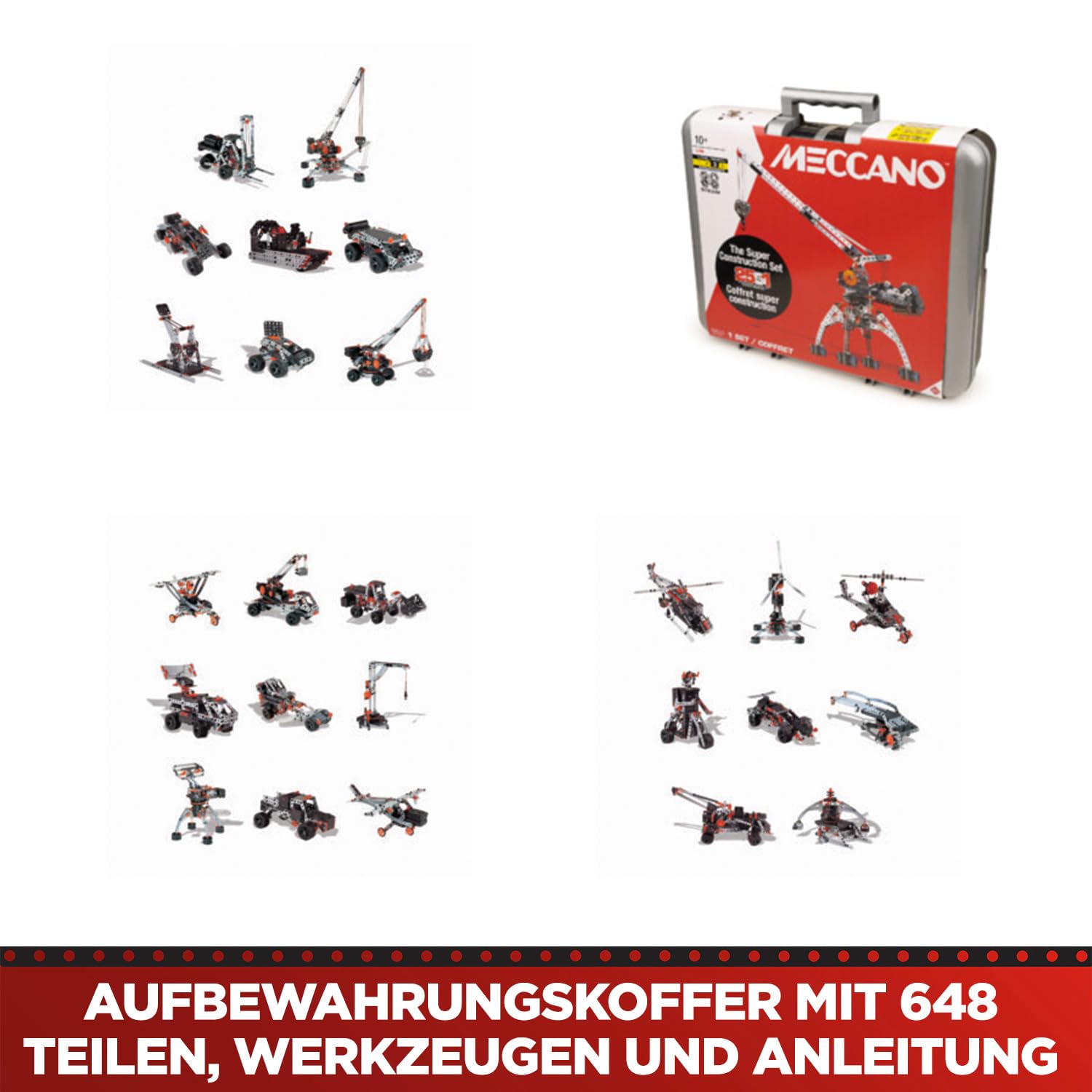 BANDAI Meccano Super Construction 11-in-1 – Baukoffer | Bausatz mit 638 Teilen, Motor, Werkzeug und Anleitung, 11 Fahrzeug- und Maschinenmodelle, ab 10 Jahren – APM11107