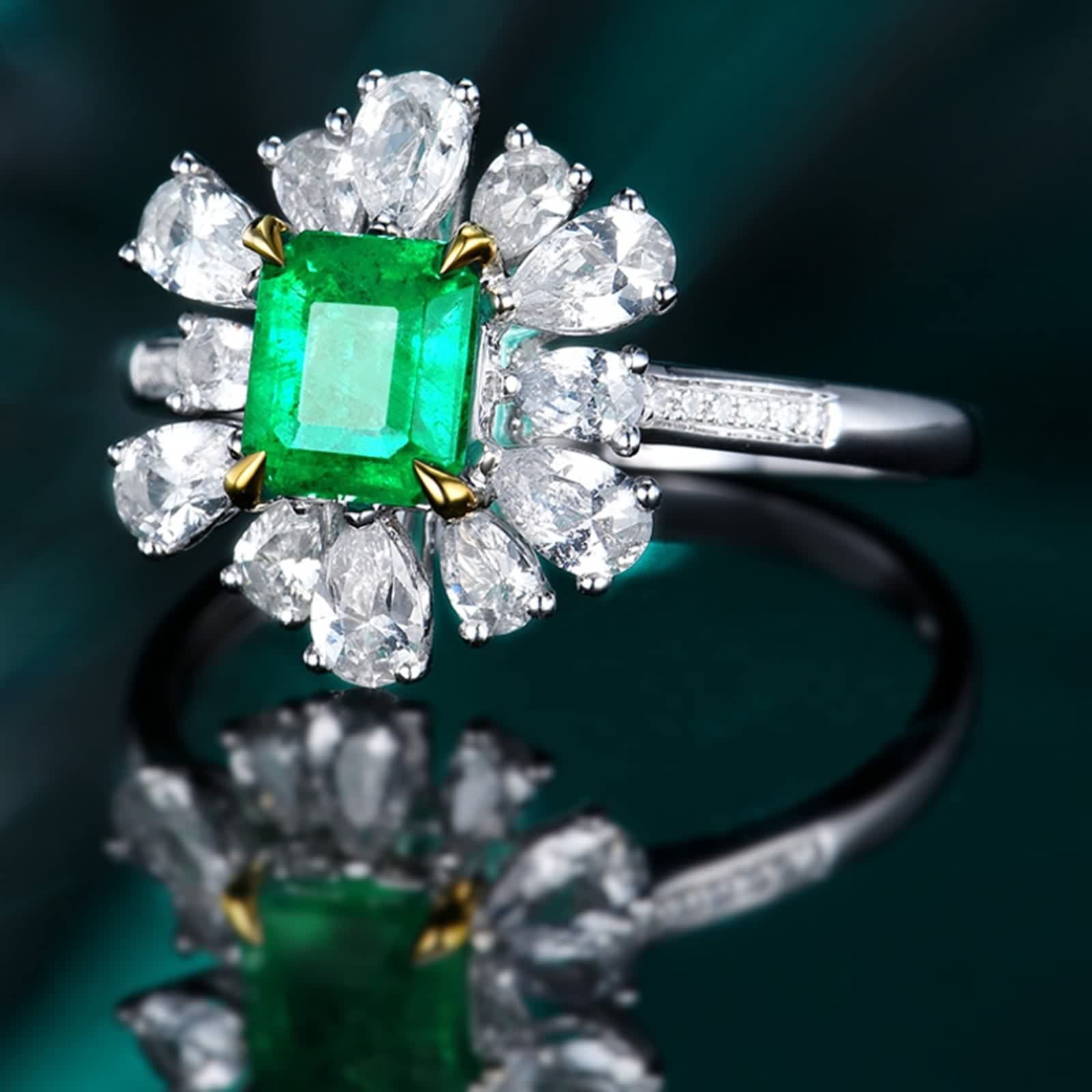 Anillos Mujer Plata Compromiso, Anillo Mujer Noviazgo Cuadrado de 4 Garras con Incrustaciones de Forma de Flor Esmeralda