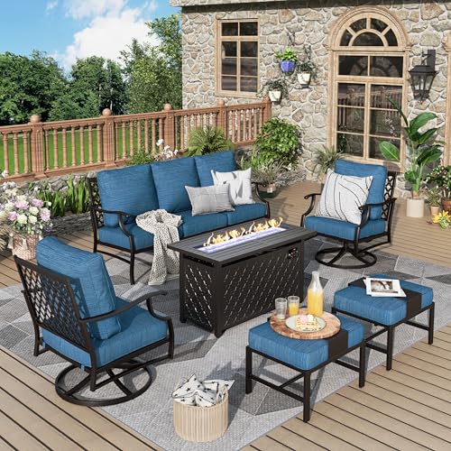 MIXPATIO Patio Furniture Set, 6 Pcs Metal Outdoor Conversation Set, 2 Swivel Chairs, 2 Ottomans and 3 Seater Sofa with 5.75" Extra Thick Cushion and Gas Fire Pit Table, Gemstone Blue