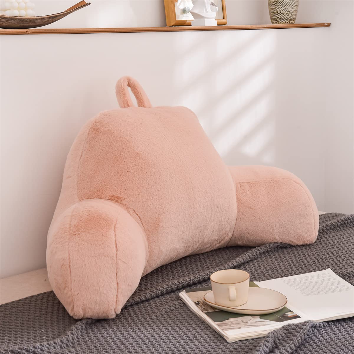 Holawakaka Reading Pillow for Sitting up in Bed Sofa Kids Teens, Backrest Pillow with Arms for Girls Women Petites Pregnancy, Back Support Cushion for