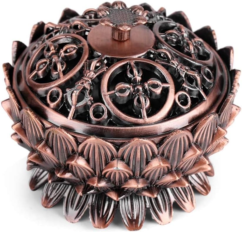 Lotus Incense Vintage Tibetan Copper Buddha Backflow Cone Holder Charcoal Burning Bowl Home Indoor Decor（2.75 x 1.97inch ）