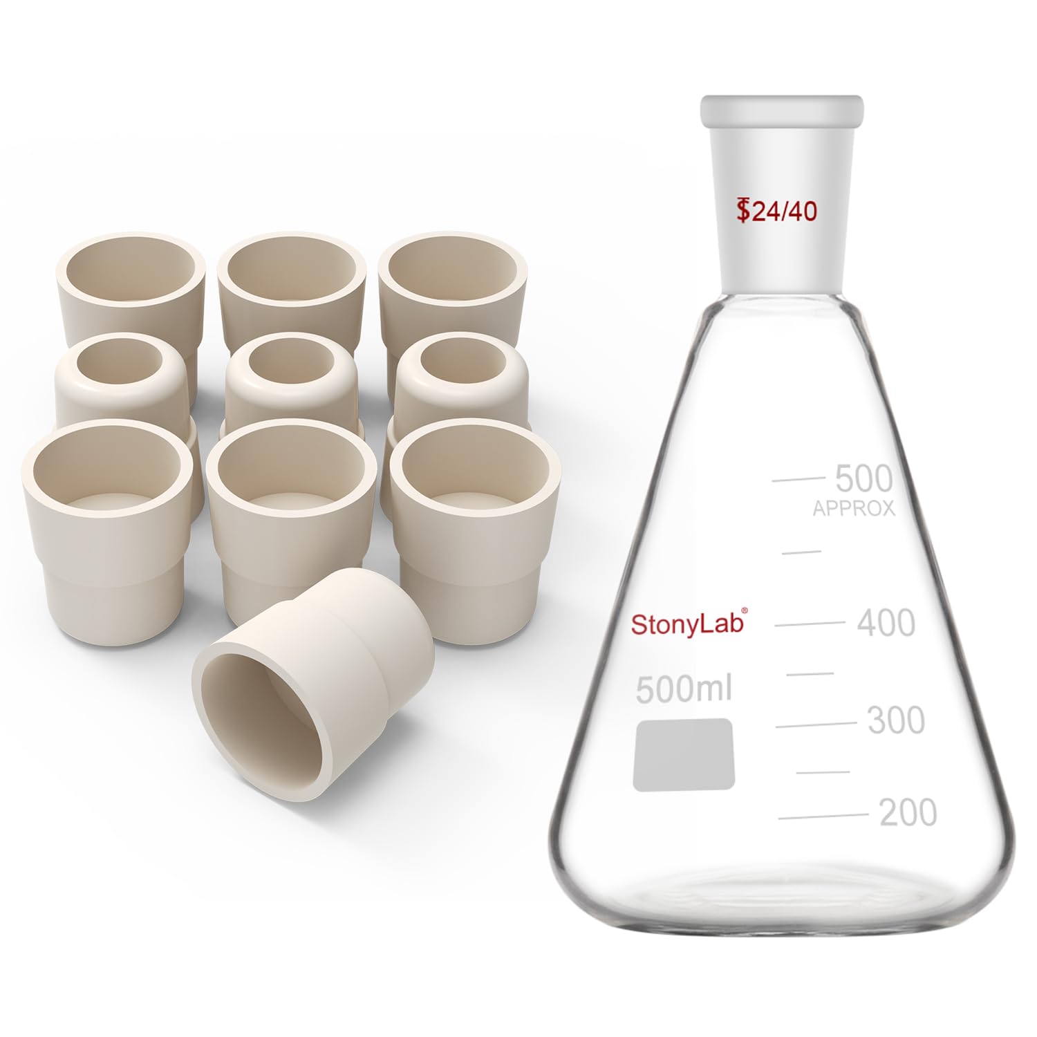 stonylab Bundle–2 Items: 500 ml Glass 24/40 Erlenmeyer Flask and 24# Rubber Stopper