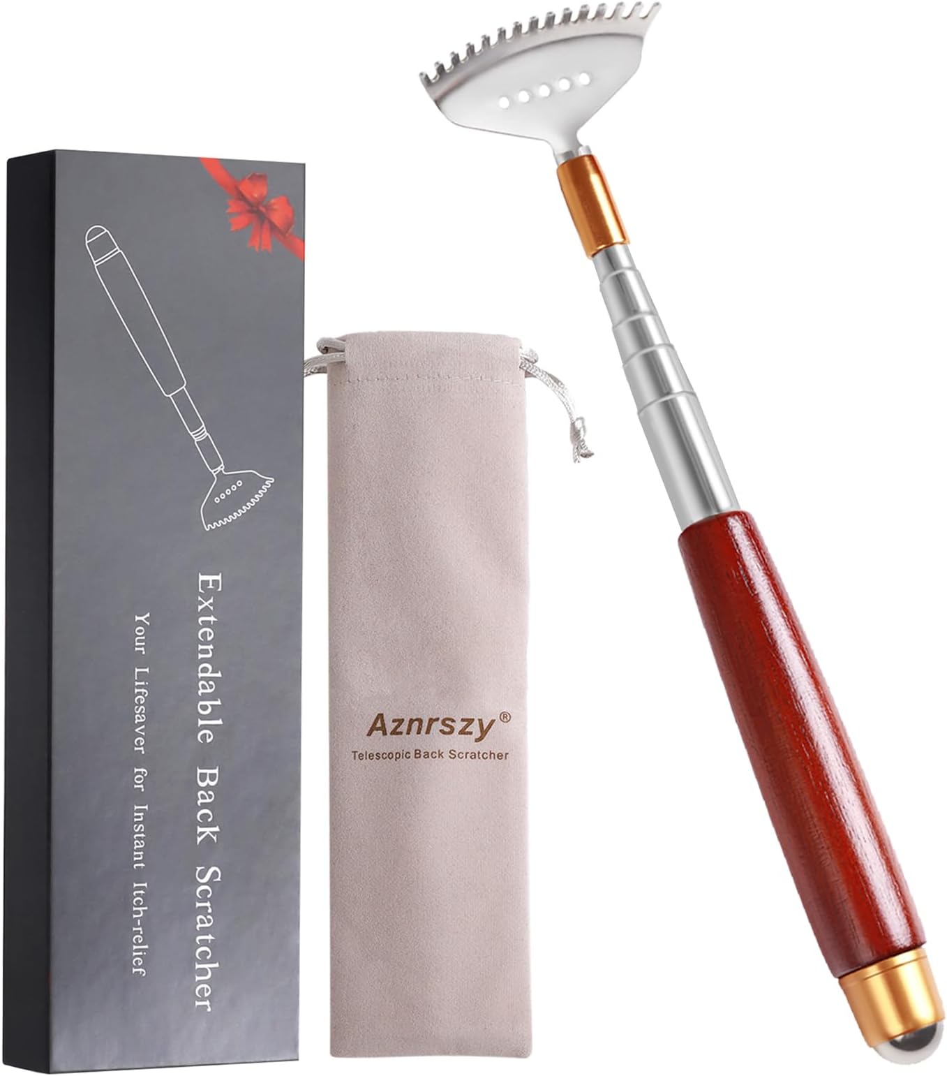 Back Scratcher Long Extendable, Body Scratcher with Massage Roller/Wooden Handle/Rake Steel Claw, Face Head Scalp Foot Scratcher Sturdy Manual Massager Tool