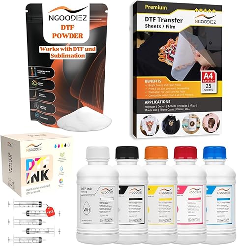 NGOODIEZ Paquete completo de impresión DTF: adhesivo en polvo blanco de 17.64 oz, 25 hojas de película de transferencia mate A4 y kit de recarga de