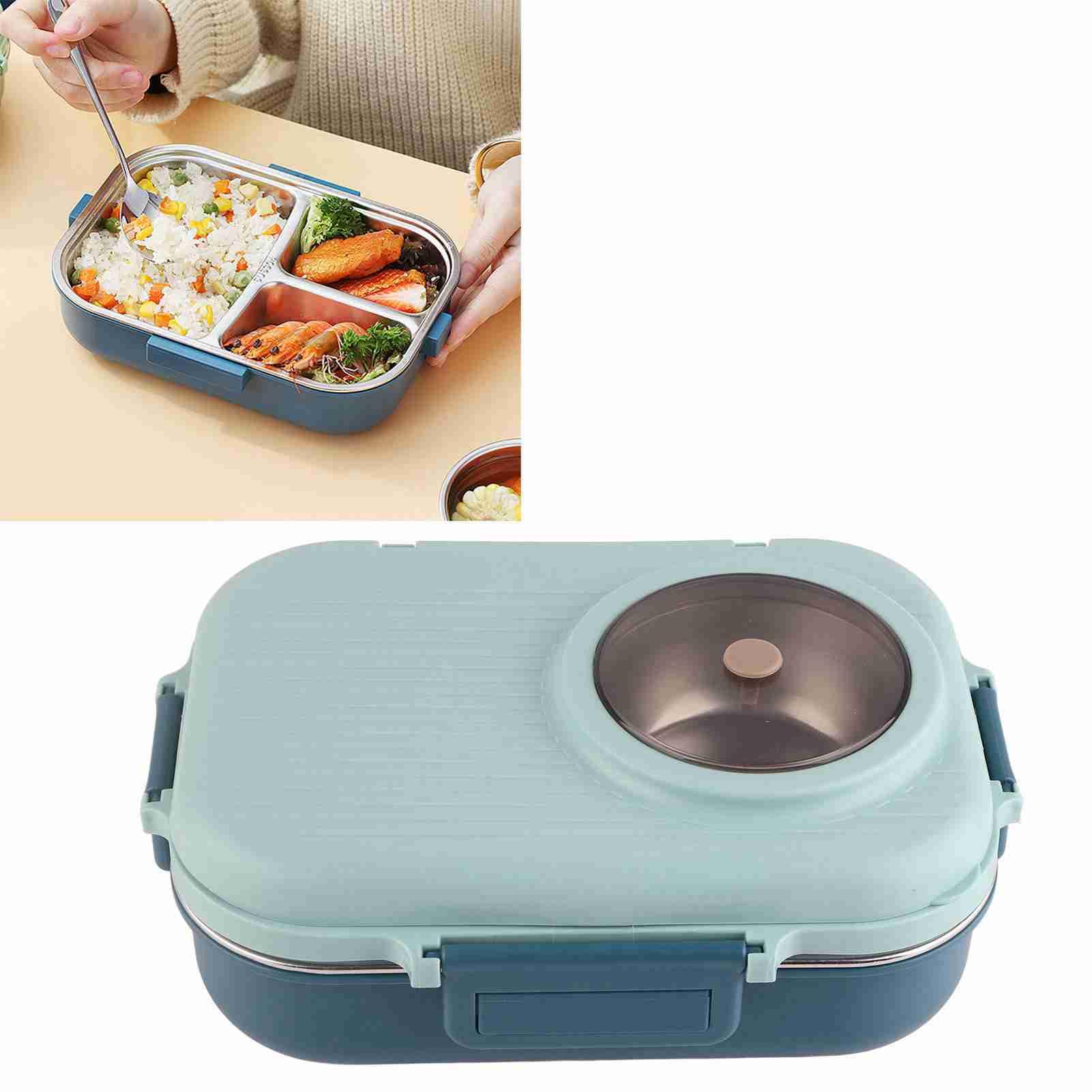 Boîte à Déjeuner, Boîte à Déjeuner Thermique en Acier Inoxydable 304 avec Cuillère, Baguettes et Bol à Soupe Double Couche 3 Compartiments de Stockage des Aliments, (BLUE)