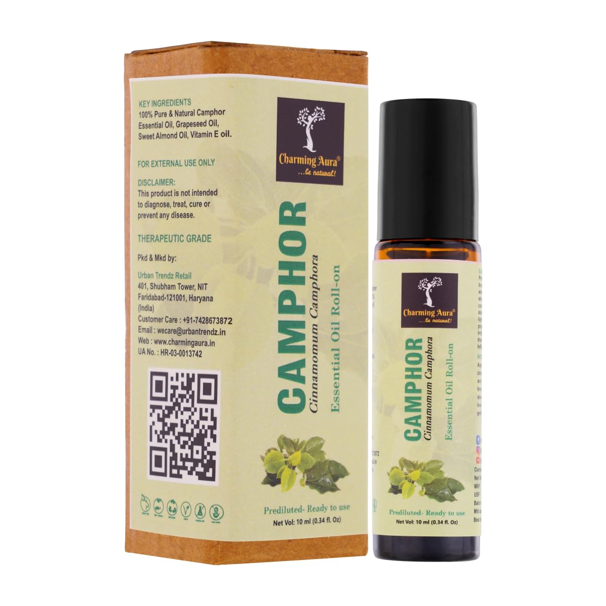 Charming Aura Camphor Essential Oil | Roll-On | Prediluted ready to use | Pure & Natural Therapeutic Grade | Pain Relief | Relieves from Cold & Flu | Yoga | Puja Rituals |10ml | (Camphor, Pack of 1)