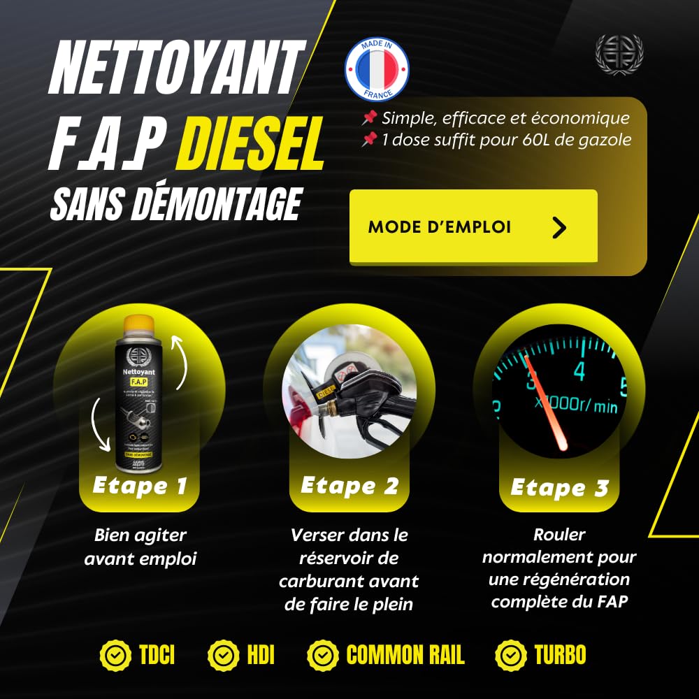 Nettoyant FAP DPF 375mL Ultra Efficace – sans Démontage – Additif Diesel Haute Performance – Décrasse, Régénère et Protège Le Filtre à Particules – Réduit la Pollution et Évite Le Remplacement
