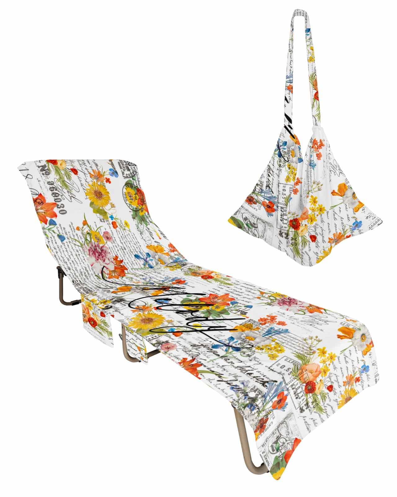 Newspaper Floral Beach Chair Towel Covers for Chaise Lounge with Side Pocket, Soft Plush Pool Towels Cover for Patio Sunbathing Outdoor Vintage Botanical Flower Plant White 29''x85''