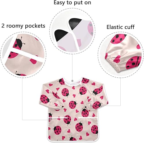 Miniatura 3 de YETTASBIN Ladybugs - Delantales de manga larga impermeables para niños, delantales de pintura con 2 bolsillos para edades de 2 a 6 años