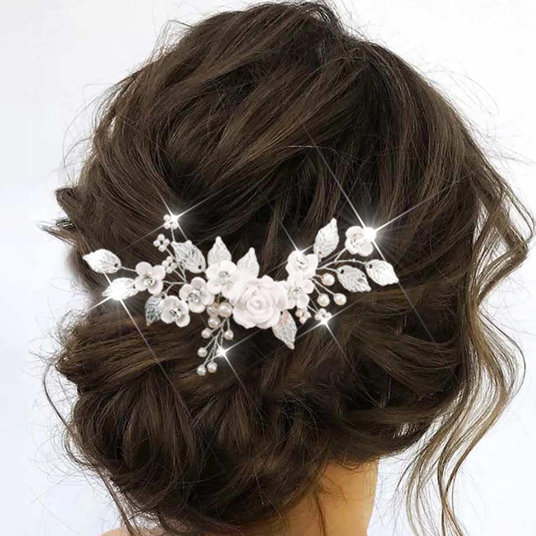 Peineta de boda con flores y perlas plateadas - Accesorio de cabello para mujer y niña