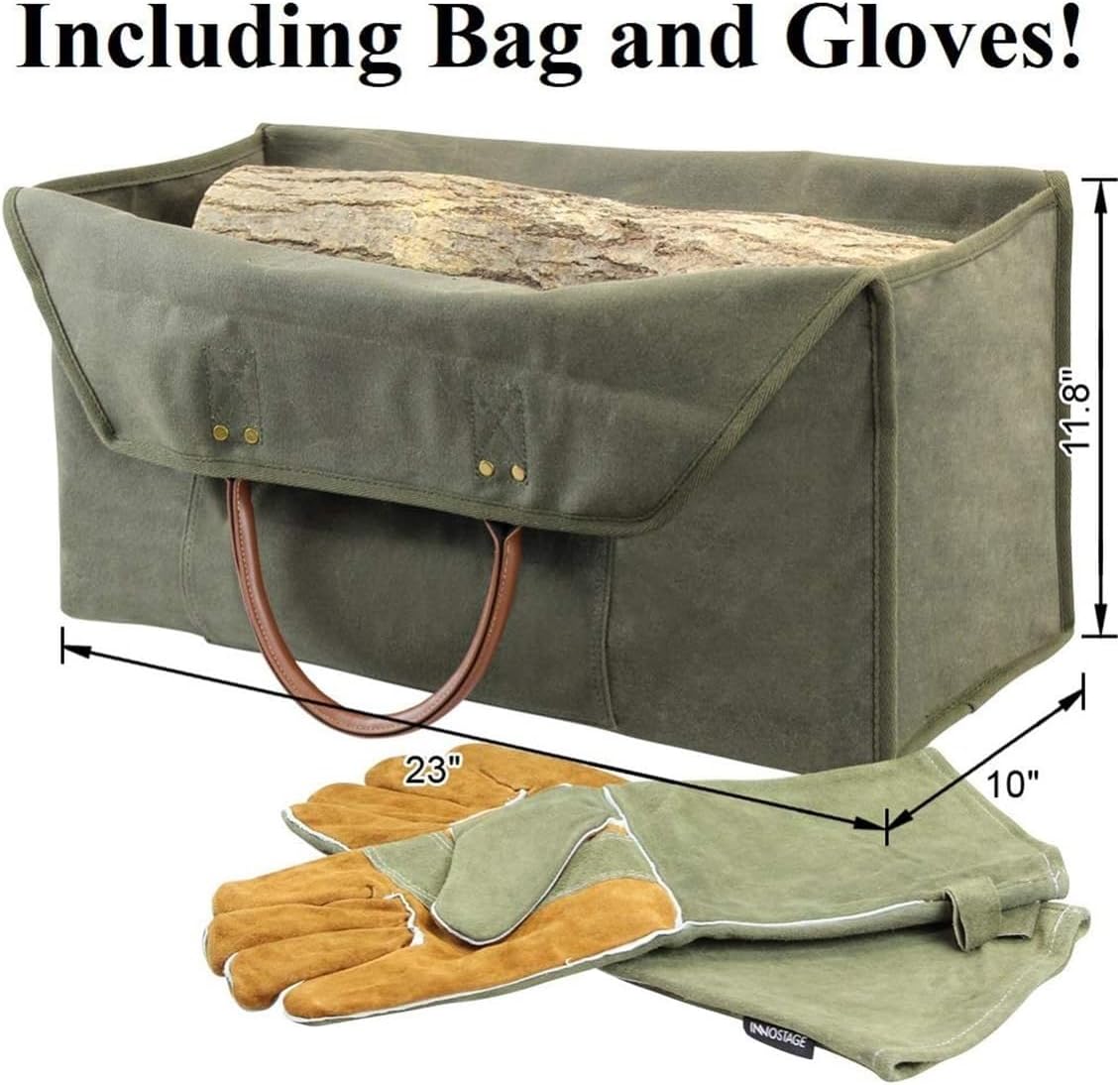 Firewood Log Carrier Bag Waxed Canvas Tote Holder, Fireplace Wood Stove Accessories Storage Bag with Fireplace Pure Leather Gloves, for Hay Hauling Outdoor Camping, BBQ Barbecue(B)