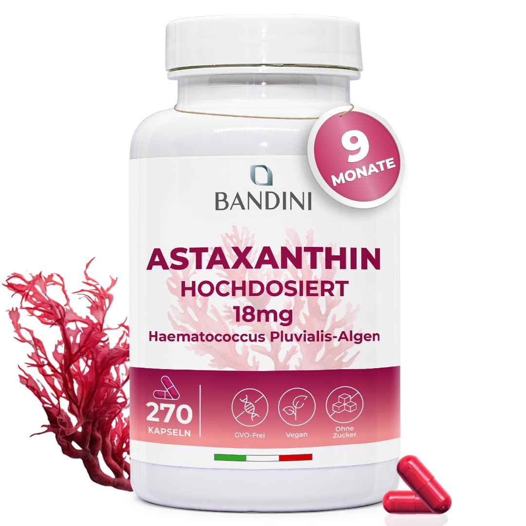 Bandini® Pure Astaxanthin 18 mg pro Kapsel, 270 Kapseln, 9 Monate Vorrat (1 Kapsel pro Tag), Alge Haematococcus Pluvialis - Natürliches Astaxanthin, frei von Magnesiumstearat, GMO-frei
