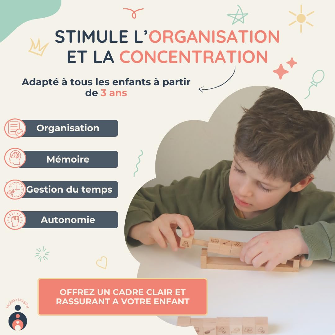 Cubes Routine Enfant Matin & Soir, Tableau Visuel 22 Cubes Pivotants en Bois, Autonomie TDAH/TSA