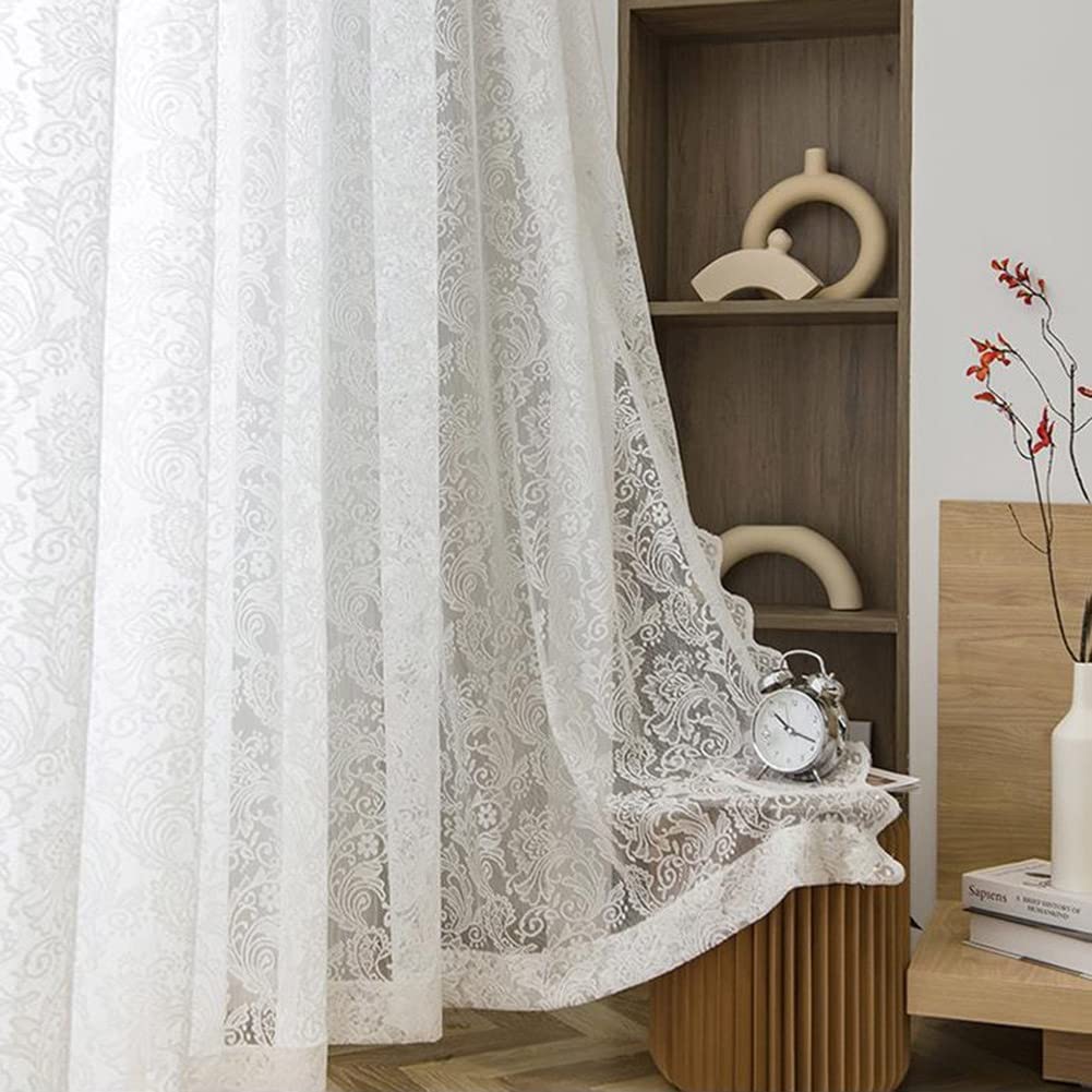 Rideau en Dentelle à Broderie Florale Blancs De 55 Pouces De Long, Rideaux Voilés à Glissière, Rideaux De Fenêtre Filtrant La Lumière pour Le Salon Et La Chambre à Coucher, 2 Panneaux.
