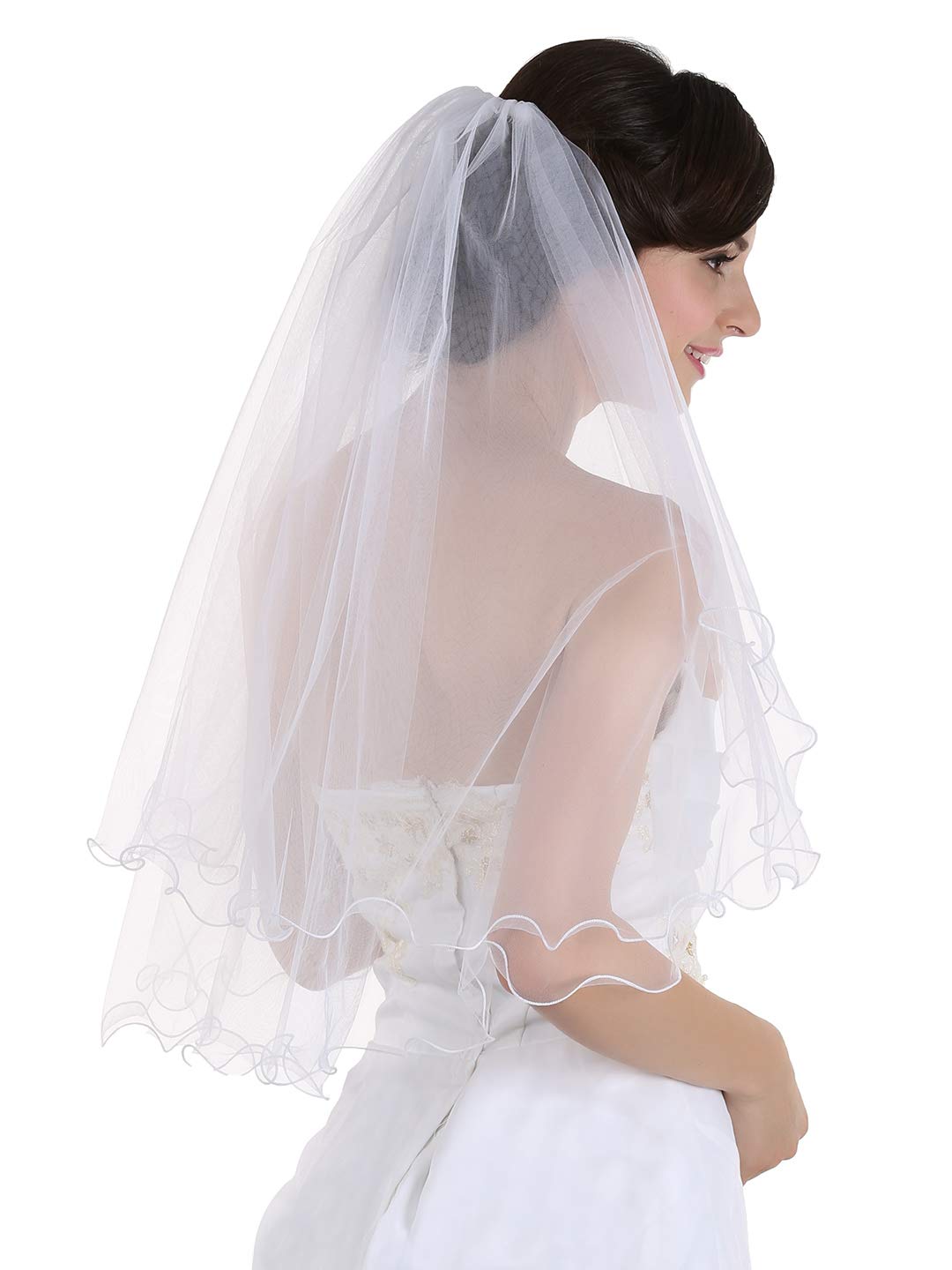 2T Filigree Scallop Pencil Edge Bridal Wedding Veil Elbow Length 30"