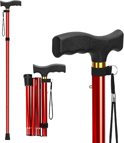 Miniatura 10 de supregear Bastón Plegable, Bastón de Caminar Ligero Ajustable de 5 Niveles con Correa para la Muñeca y Mango en T, Ayuda de Movilidad Portátil para