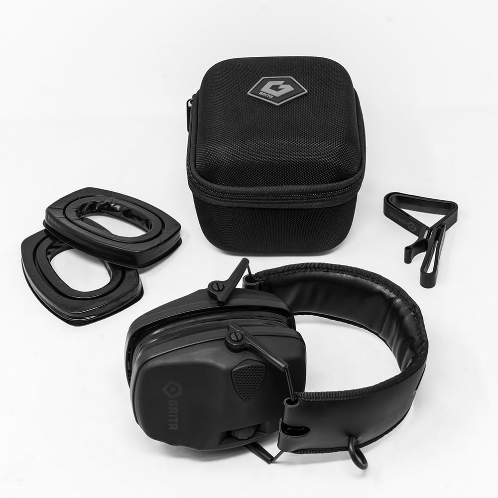 GRITR Protección auditiva electrónica con funda EVA, orejeras para reducción de ruido con amplificación de sonido 5X