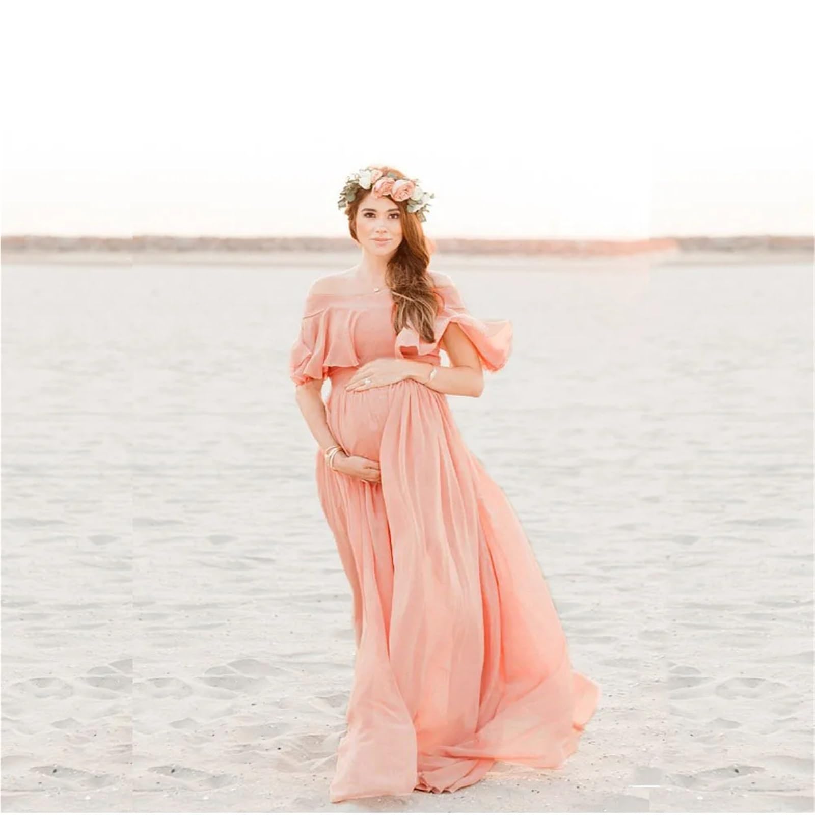 Abiti Premaman Abito Lungo Boho Ampio e Largo in Misto Raso di Cotone Chiffon, con Maniche fluide Spalle Scoperte, Sexy Fotografico for maternità