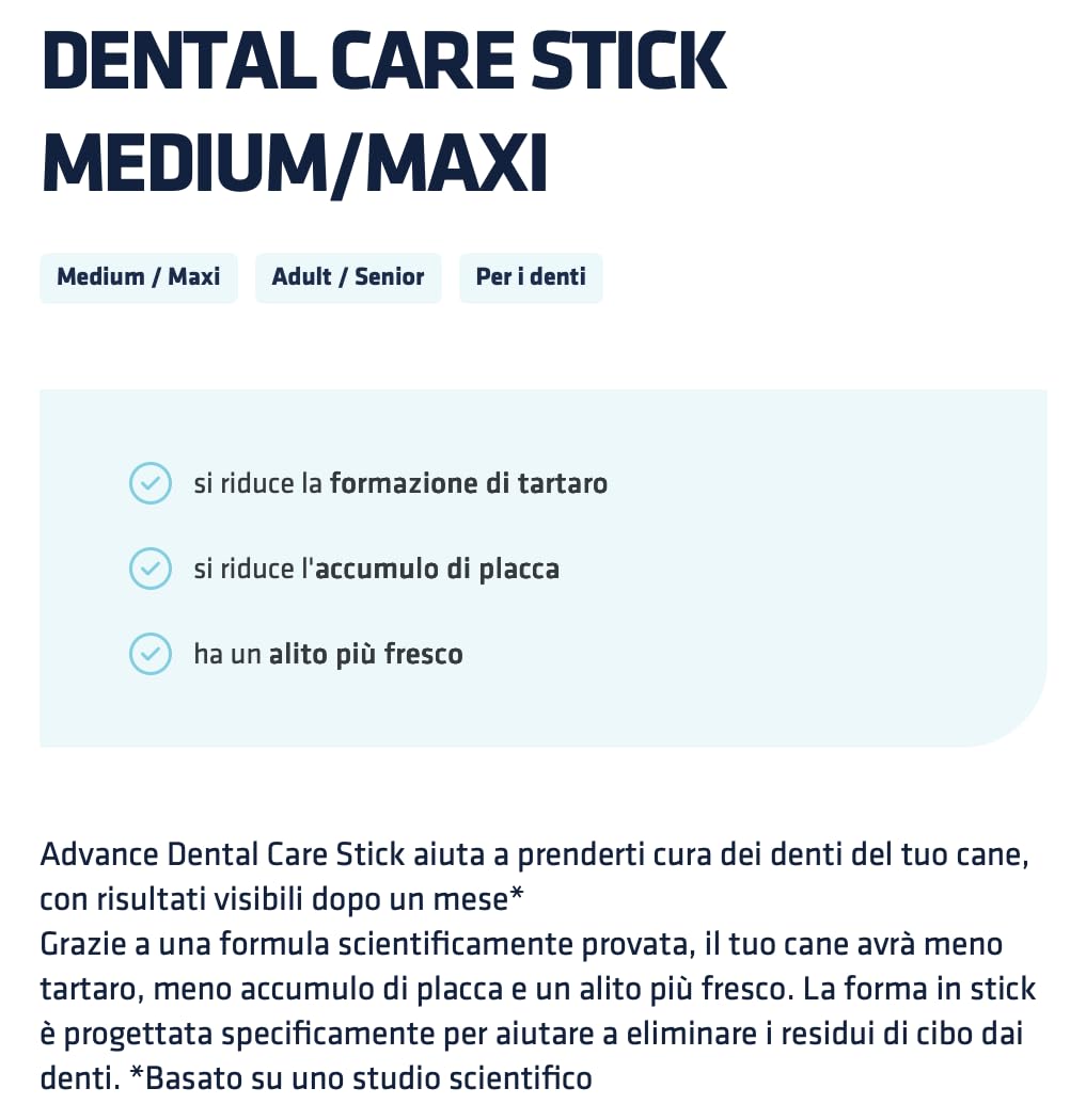 ADVANCE PERRO DENTAL CARE STICK MEDIUM/MAXI | Snack complementario, ayuda a cuidar los dientes de tu perro, 1 paquete de 720 gramos.