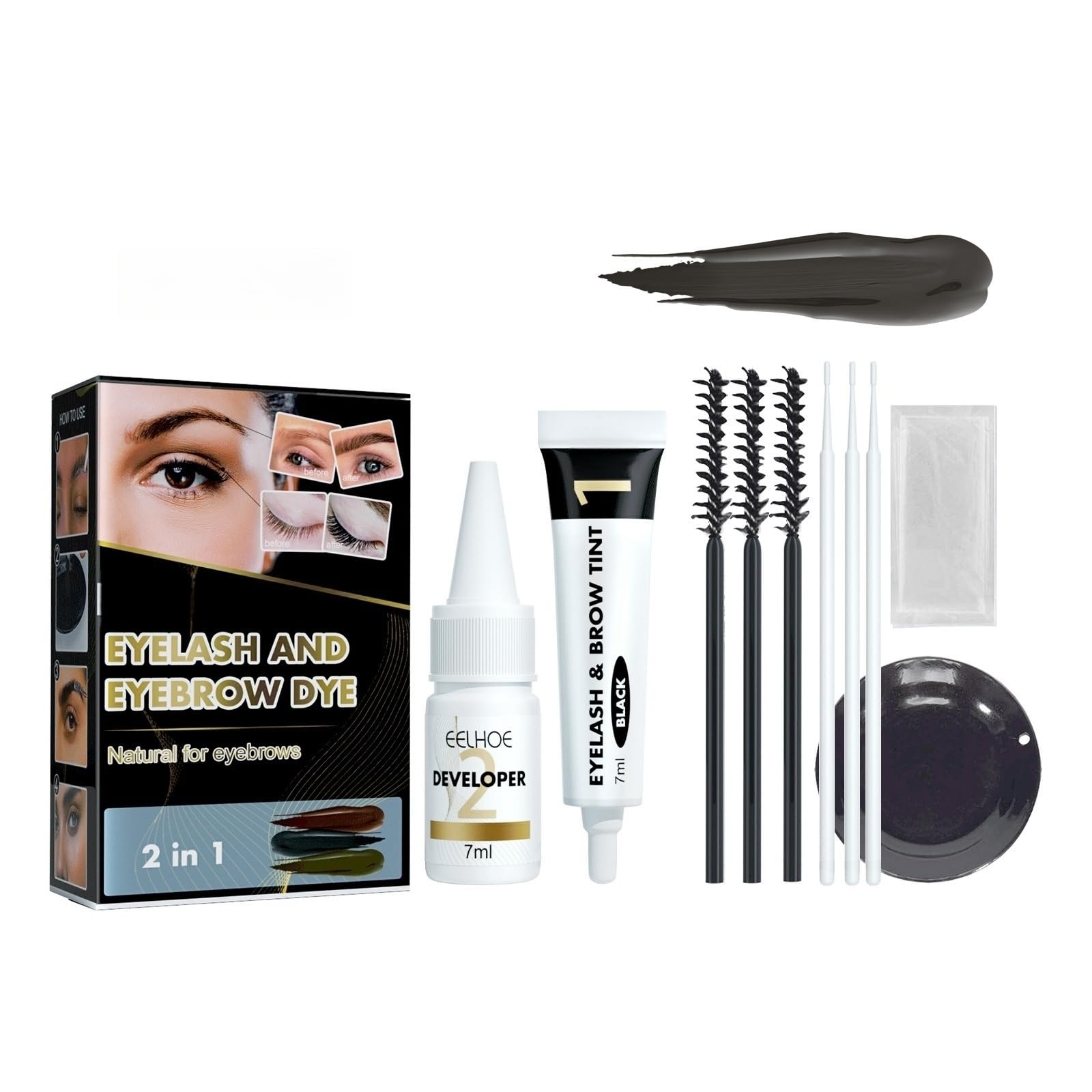 Eyebrow and Eyelash Tinting Kit Long-Lasting Color Smudge-Proof and Water-Resistant Easy-to-Apply, 2 in 1 Eyelash and Eyebrow Dyeing Set Anti-Sweat and No Smudge Safe and Gentle (black)