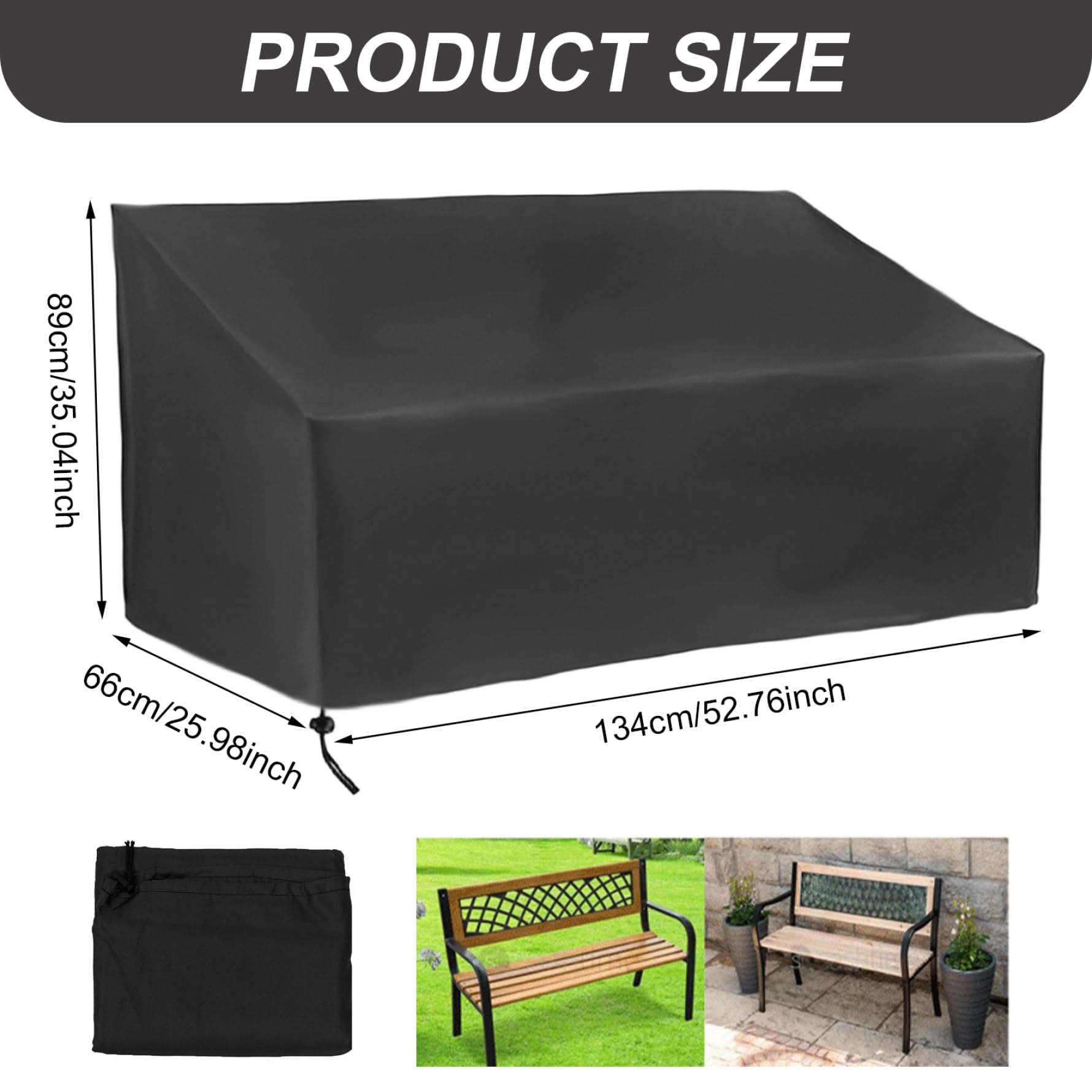Patio Loveseat Cover, 53x26x35in Waterproof Outdoor Bench Cover with Drawstring Closure, Foldable Black Chair Protector for Outside