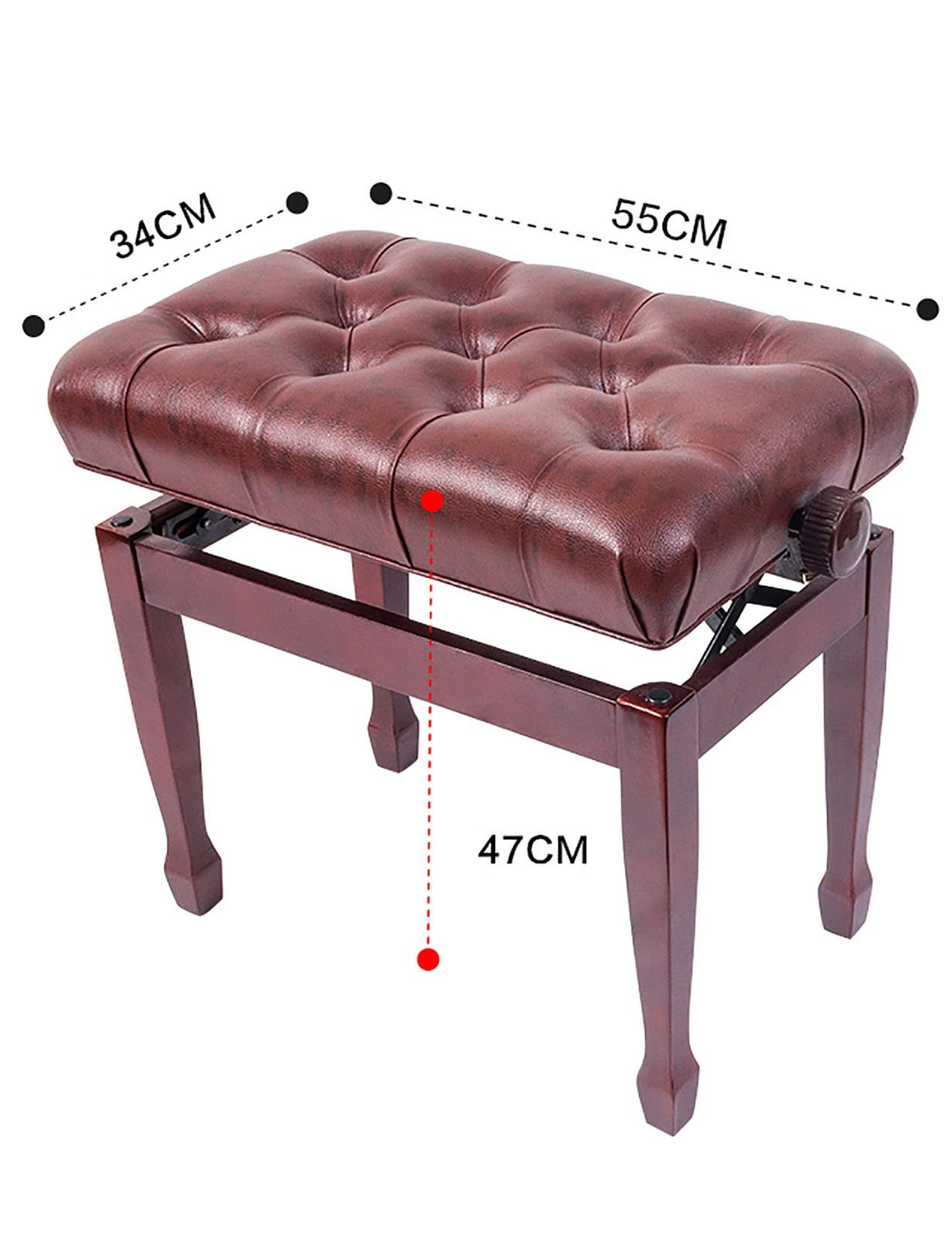 Panca per pianoforte regolabile con eleganti gambe a ferro di cavallo, struttura in legno massello, finitura mogano, 55 x 34 x 47 cm, 57 cm