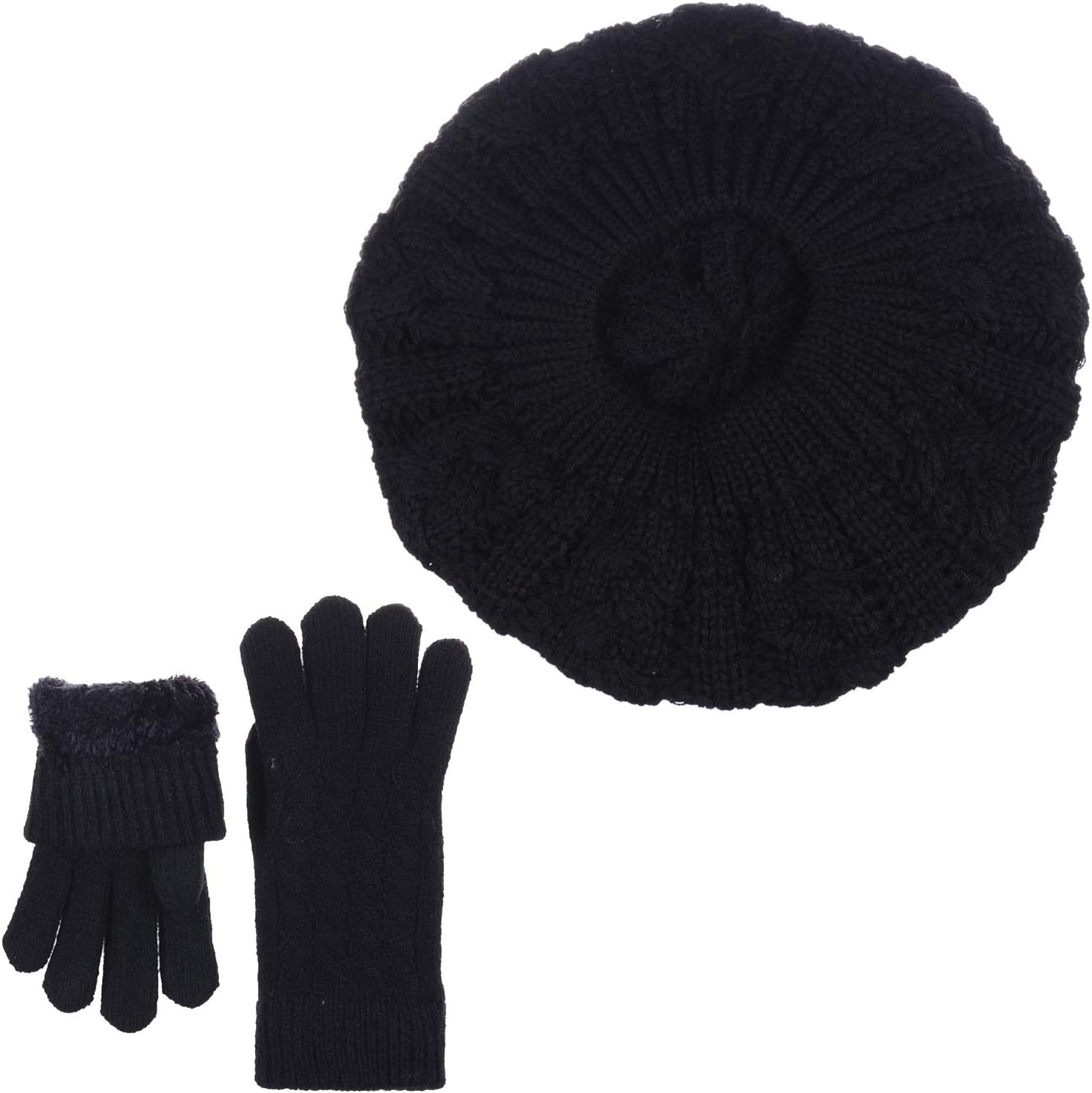 BYOS Womens Winter Cozy Cable Fleece Lined Knit Beret Beanie Hat (Set Available) - Image 3