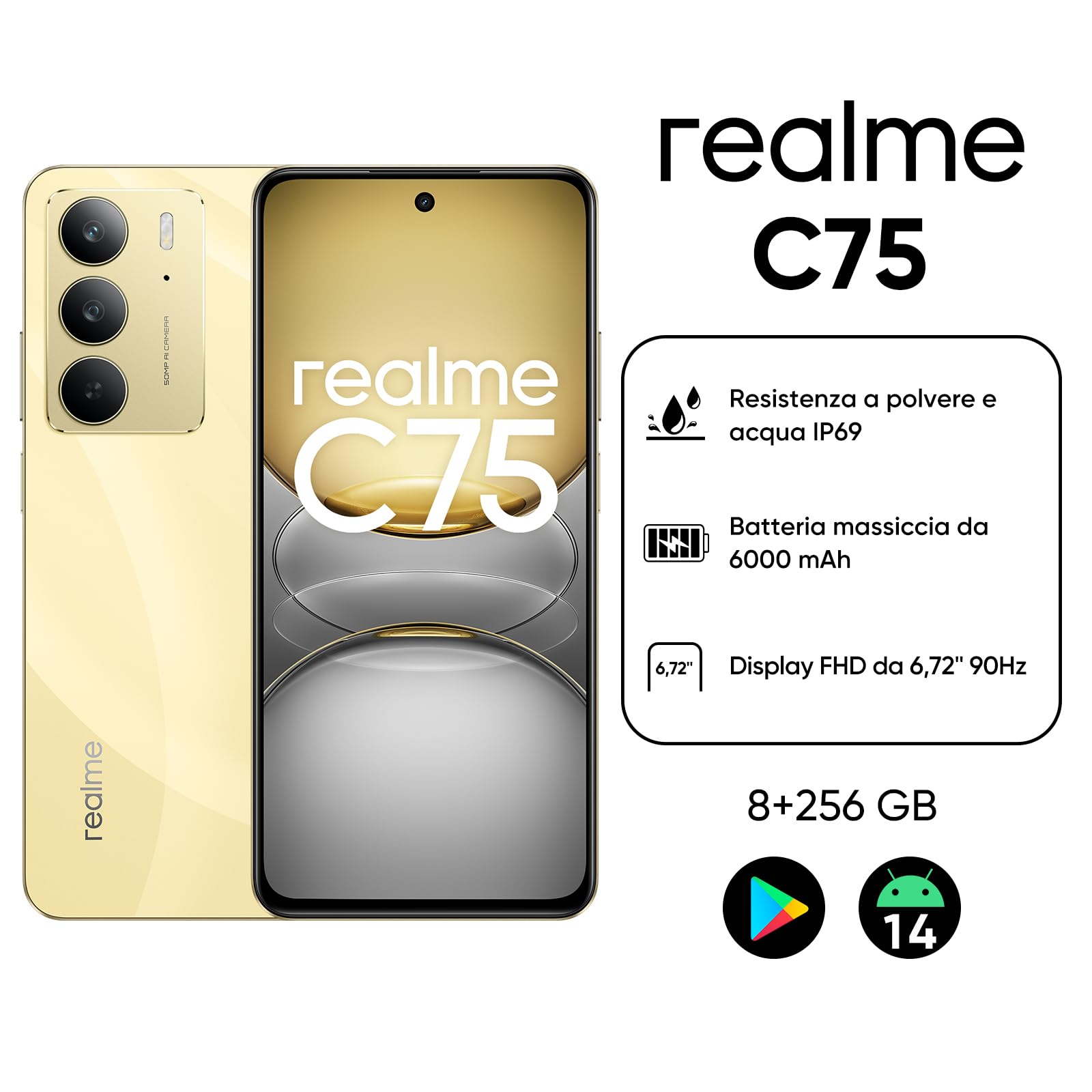 realme C75 4G Smartphone, 6.72'' FHD Display, 6000mAh Batteria, 8+256GB Cellulare, 50MP AI Fotocamera, IP69 Resistenza a polvere e acqua, Helio G92 Max Chipset, Oro, Senza Adattatore