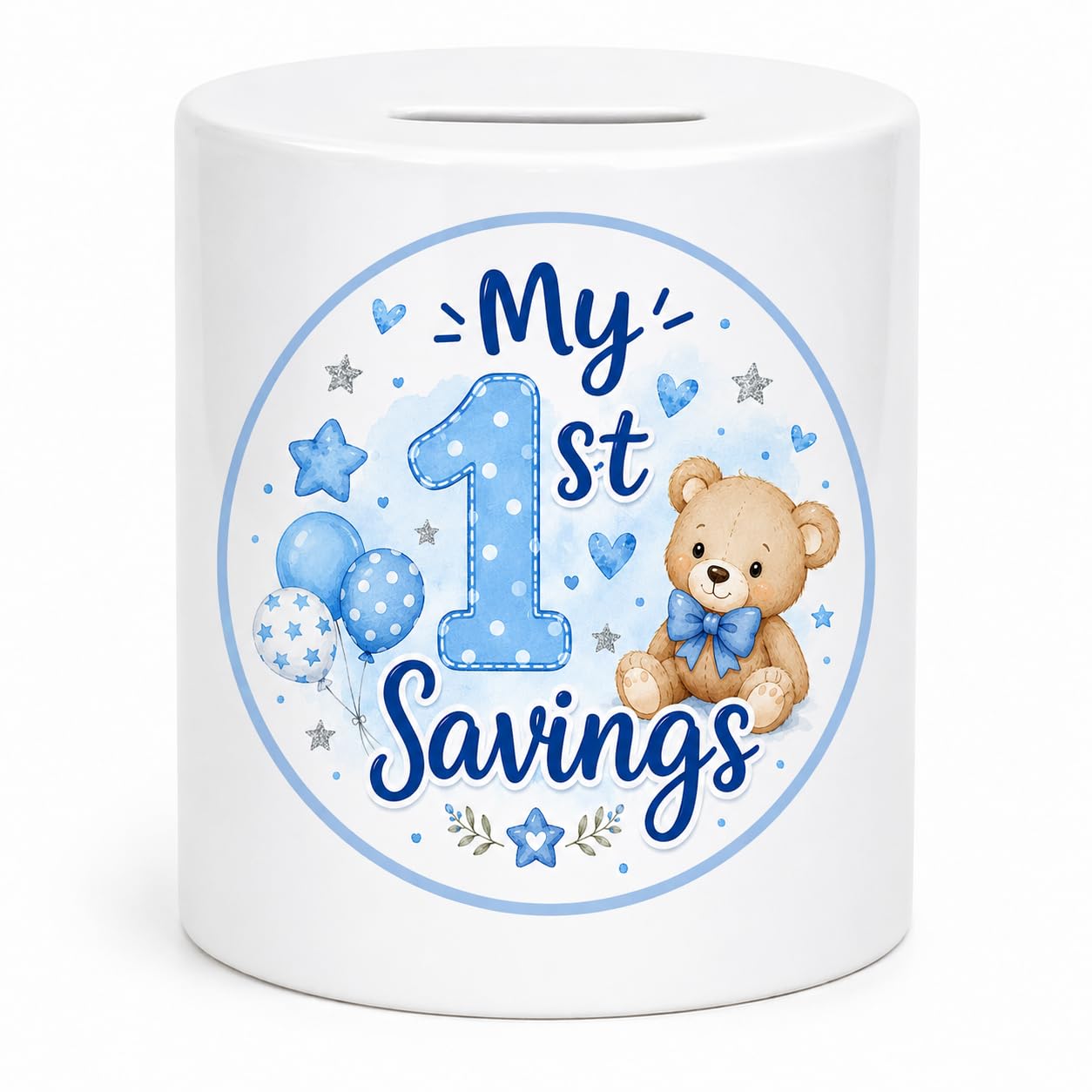 Blue My 1st Savings Money Box | Ceramic Baby Keepsake Gift | Teddy Bear Savings Bank