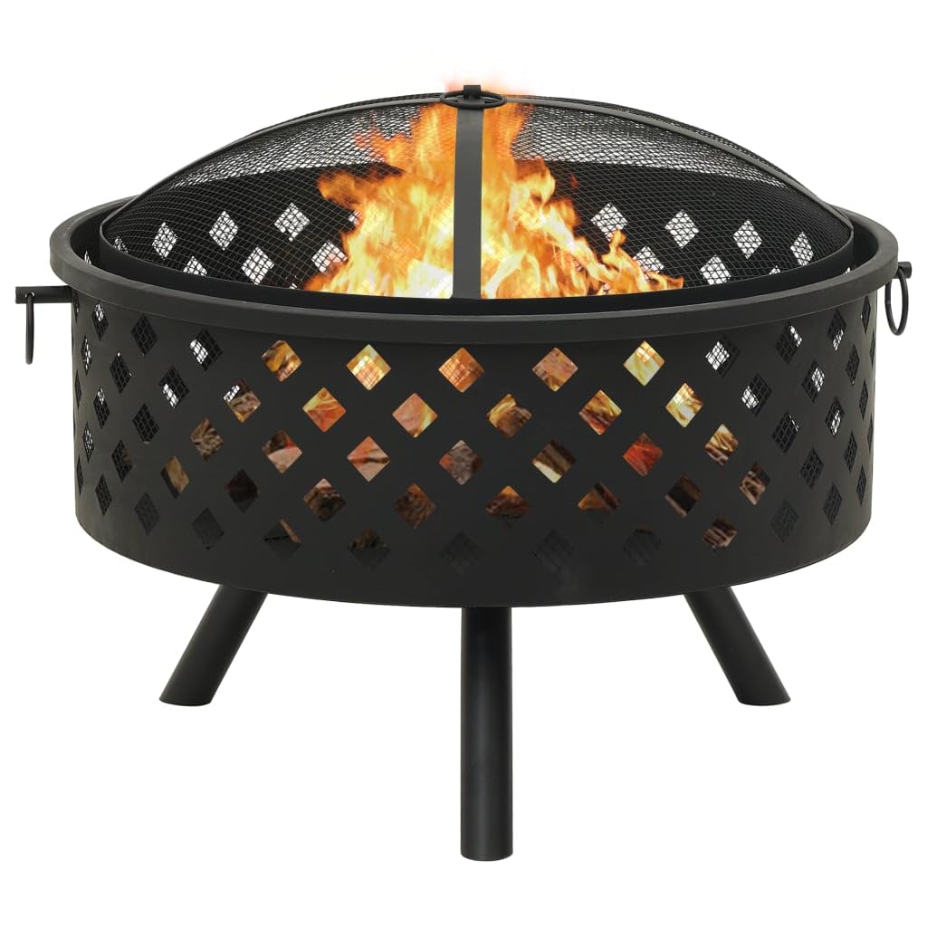 Feuerstelle Stahl 68 cm XXL mit Schürhaken und Gitterabdeckung für Garten Terrasse Outdoor Wärme Kamin Ofen Holz Feuer Flamme Heizen Romantik Atmosphäre