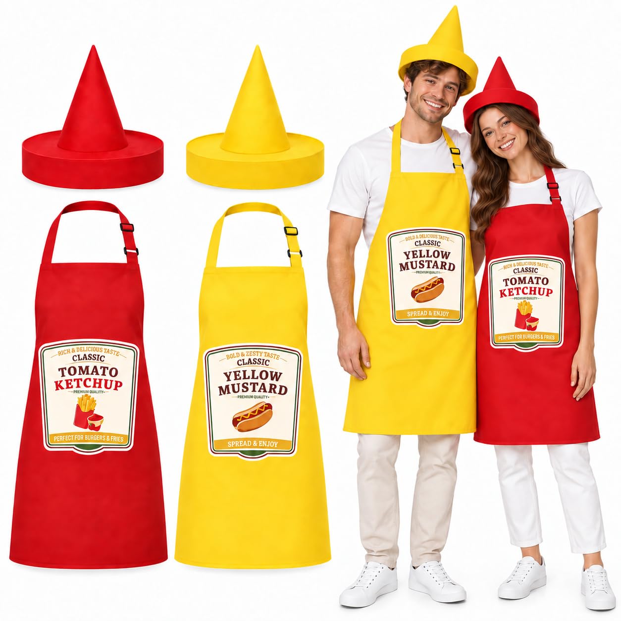 JcHrmers 4 Pcs Ketchup and Mustard Costume Set for Adults, Funny Couple Food Costume Includes Red Yellow Aprons and Matching Hats, Halloween Party Condiment Out