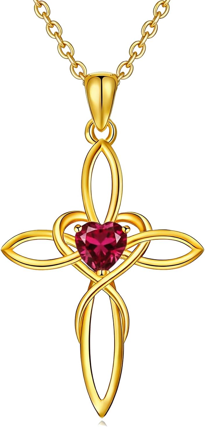 POIUY Celtic Knot Cross Necklace for Women 14K Gold Irish Infinity Love Heart Cross Jewelry with Birthstone Pendant Valentines Day Birthday Gifts for Her