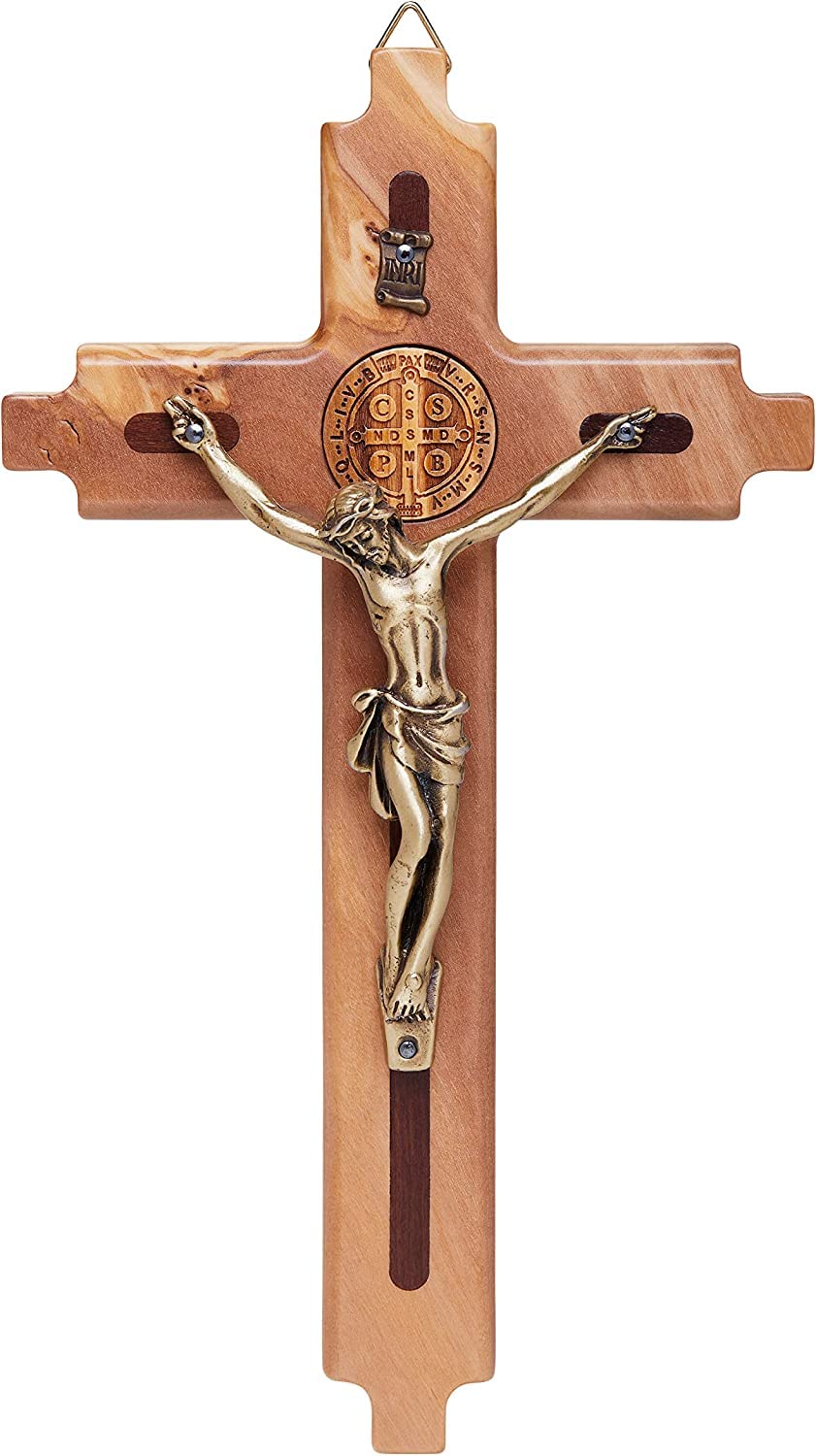 Mondo Cattolico - Crucifix wall cross Catholic Benedict During Pope's Angelus, Budded Style Saint Benedict Olive Wood Crucifix - Jesus Crucifix 8.26
