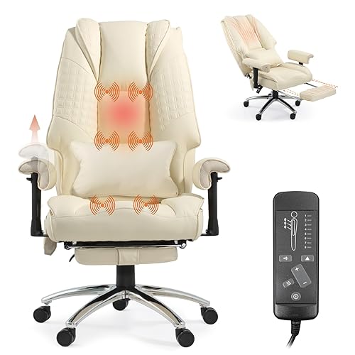 Mvpipi Massage & Heated Office Chair with Foot Rest, Ergonomic Executive Office Chair with Reclining Backrest, Adjustable Arms and Lumbar Support, High Back Leather Desk Chairs for Home Office, Beige - Beige - Deluxe Style