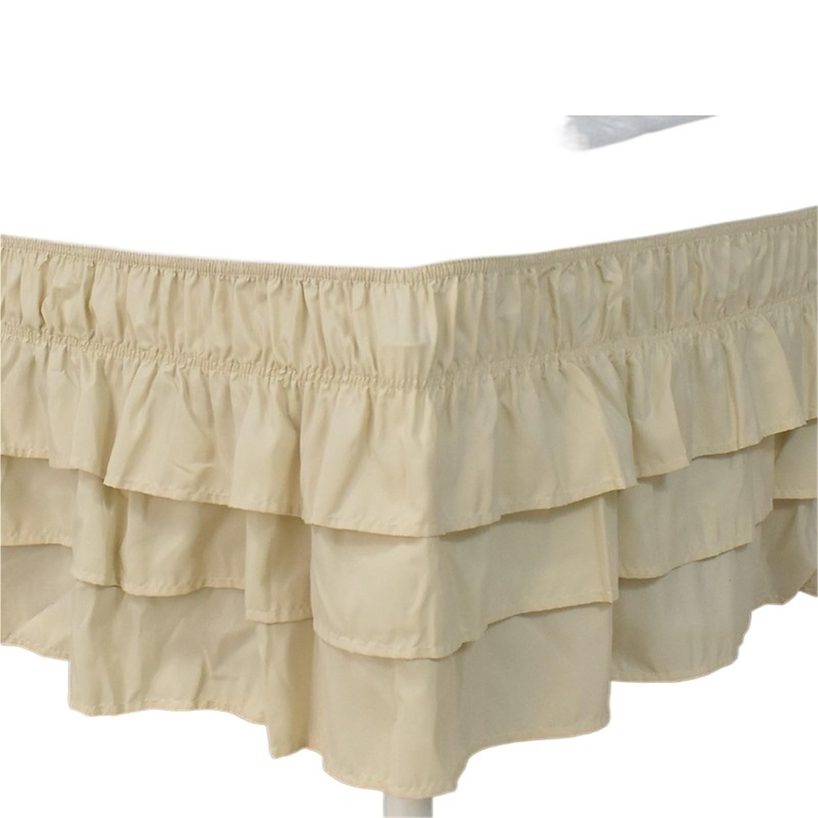 Ruffled Bedspread Three Layers Wrap Around Elastic Solid Bed Skirt Band Without Sheet(Beige,QUEEN 150x200cm)