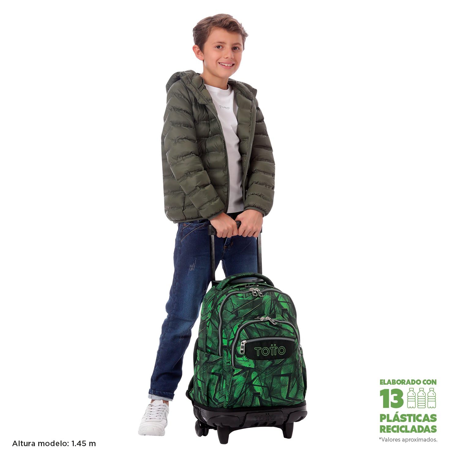 TOTTO - Mochila Escolar con Ruedas, Modelo Renglones, Capacidad 26,21 Litros, Bolsillo para PC 14", Bolsillo Botella, Correas en S para Mayor Comodidad, Resistente, Estampado Jhony Jungle