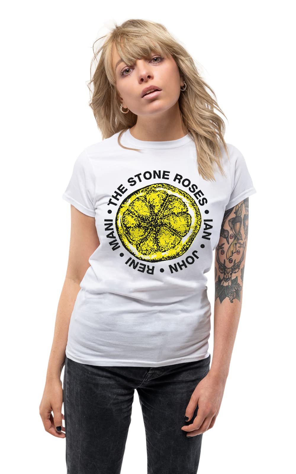 Rock Off Officially Licensed Products Women's White The Stone Roses T Shirt Lemon Names Ian Brown Fools Gold Oasis Skinny S