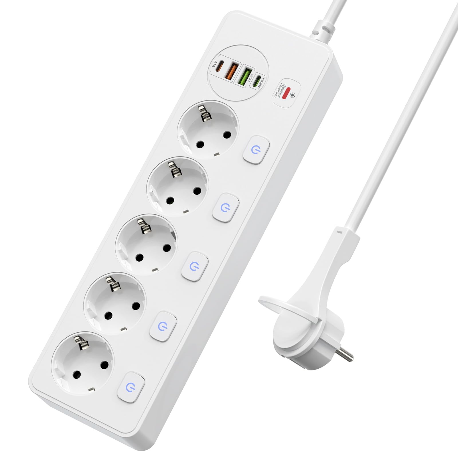 Listwa zasilająca z 5 gniazdami, indywidualnie przełączana, z 2 gniazdami USB A i 2 USB C, 5 gniazd z przełącznikiem, listwa zasilająca, montaż ścienny, z kablem przedłużającym 2 m, PD 20 W, biała