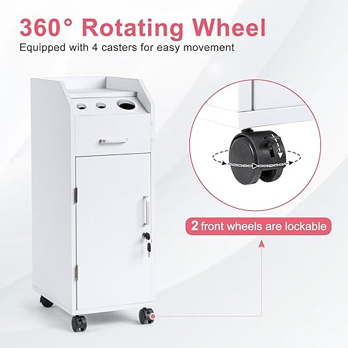 Miniatura 6 de Winado Carrito de almacenamiento de peluquería con ruedas y 3 soportes para secador de pelo, 4 cajones y cerradura y 2 llaves, estación de
