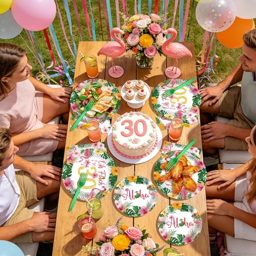 Greencian 96Pcs Flamingo 30th Birthday Party Decoration Summer Hawaiian Luau Plates and Napkins Oh Flock I'm 30 Tableware Set for Girls Hawaiian Luau Aloha Tropical Birthday Party Supplies, Serves 24 by Greencian - Used condition - Image 8
