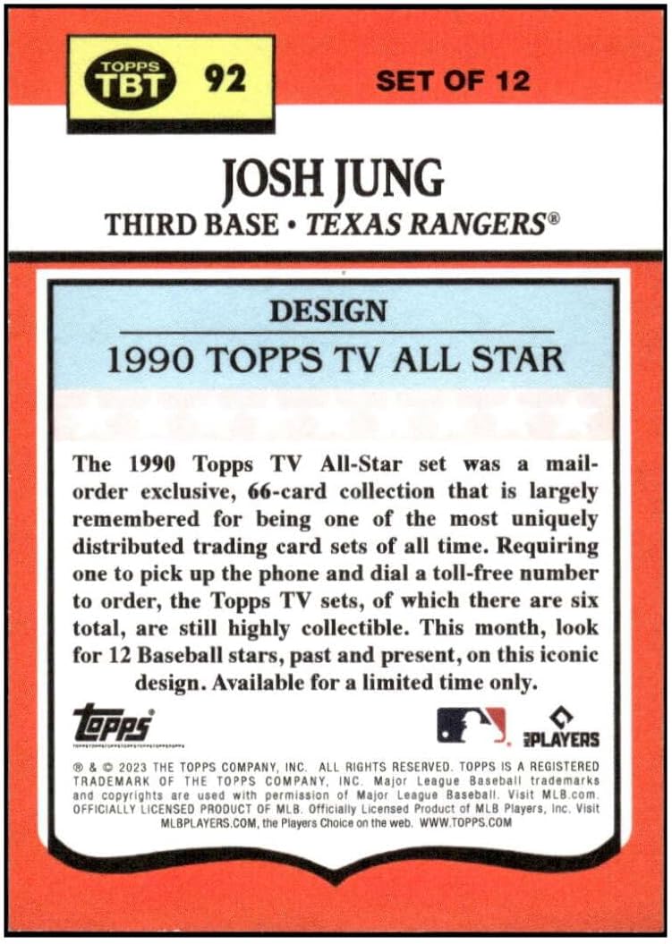 JOSH JUNG RC SP 2023 Topps TBT /10 Blue #92 ROOKIE Rangers Throwback Thursday NM+-MT+ MLB Baseball