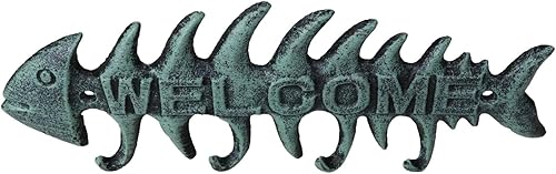 Ebros Gift Verdigris Green Marine Coastal Water Fishbone Style - Ganchos decorativos de hierro fundido para pared, diseño de espina de pescado, con