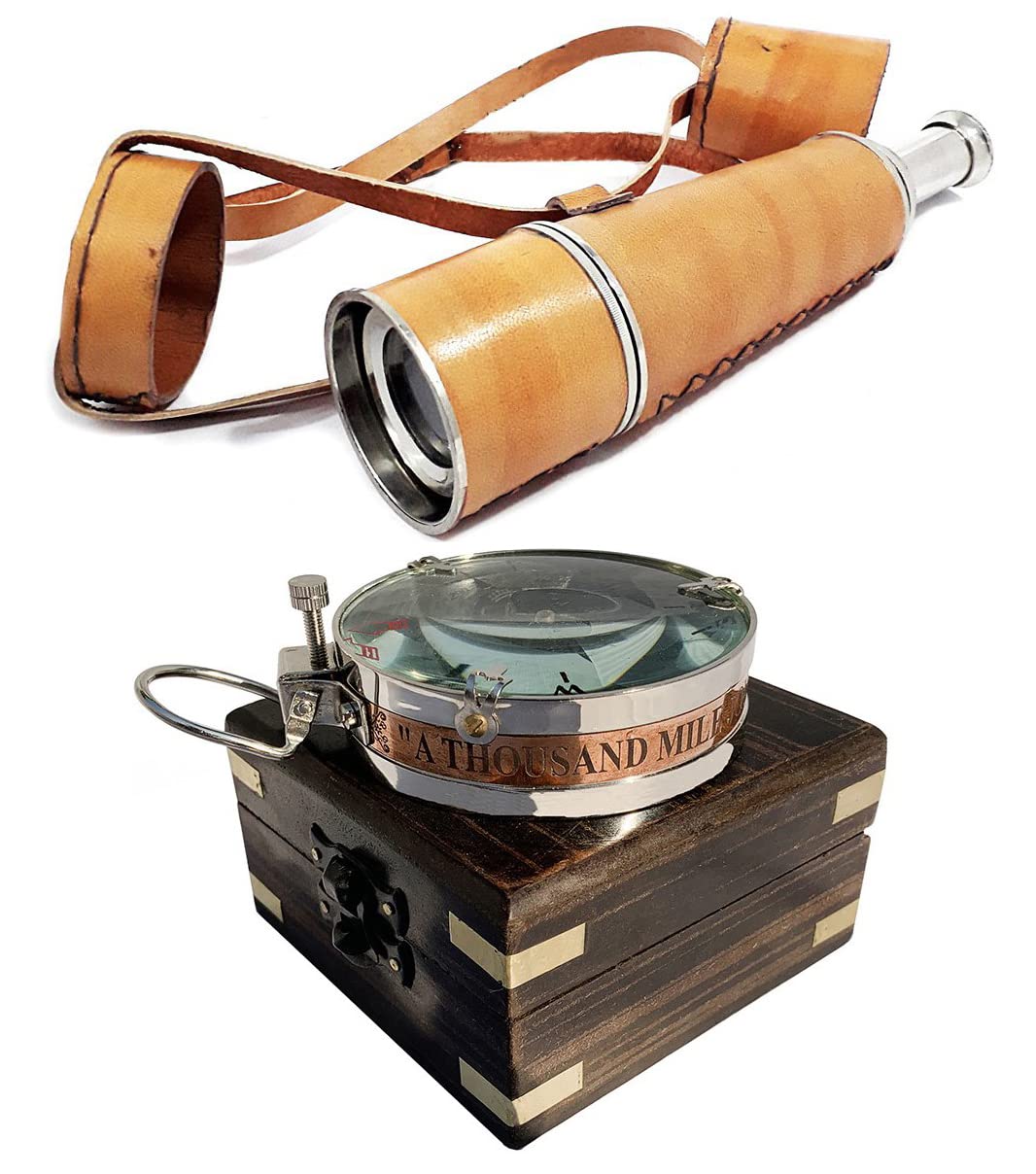 Sailor Brass Orange Leather Bounded Telescope Spyglass Scope + Victorian Magnifying Glass Compass with Wooden Box Christmas Decorative Gifts