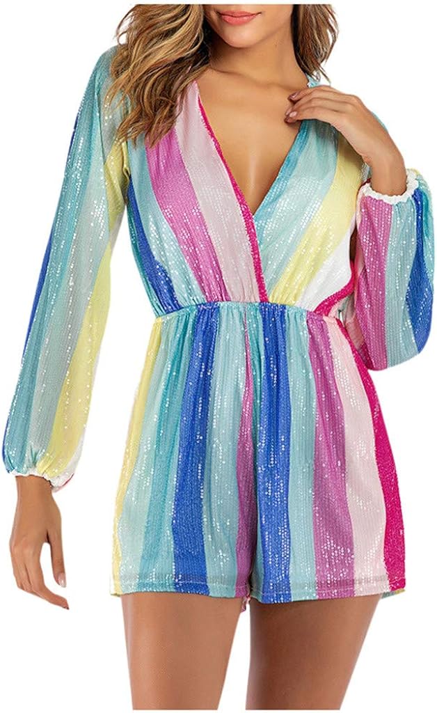 Women V Neck Lantern Sleeve Multicolor Striped Sequin Short