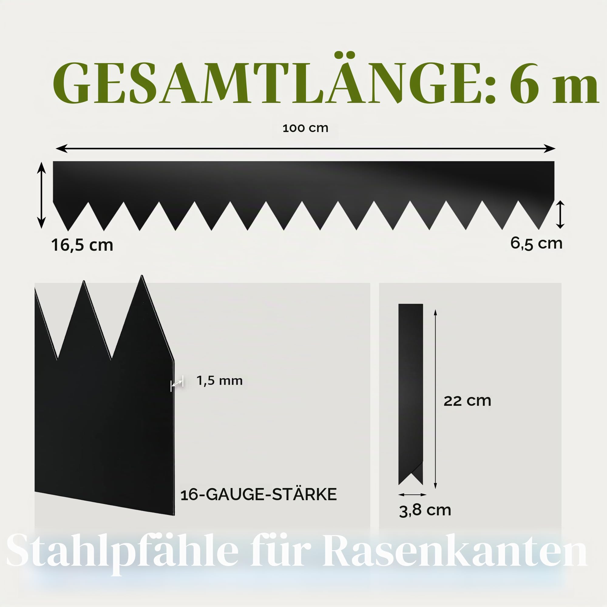 6 Stück Stahl Rasenkante 16,5 cm Höhe mit schwarzer Pulverbeschichtung, 1.5mm Stahl Landschaftseinfassung Rasenkante Metall Einfassung 10KG Verdicken(6 m Länge insgesamt)