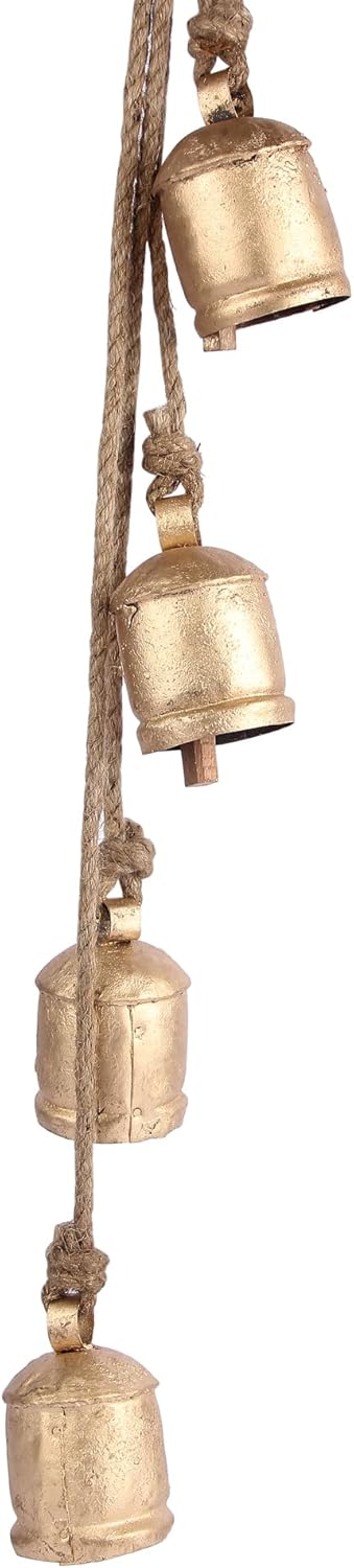 Decorative Cow Bell, 27" Hanging Bells Chime, Rustic Antique Brass Finish Metal Bells with Jute Rope, Tibetan Inspired Farmhouse Vintage Cascading Bell's for Indoor, Outdoor Patio, Garden & Wall Decor