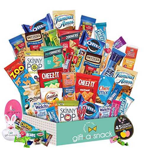 Premade Easter Gift Baskets for Kids & Adults, Candy Filled Eggs + Bunny - Snack Box Variety Pack (45 Count) - Candies, Toy Stuffers, Chips for Boys, Girls - College Student Care Package, Women, Men